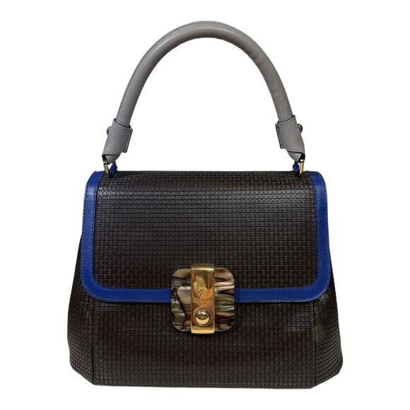 Serapian Bown Leather Gray Top Handle Cobalt Blue Trim Structured Handbag - Picture 1 of 9
